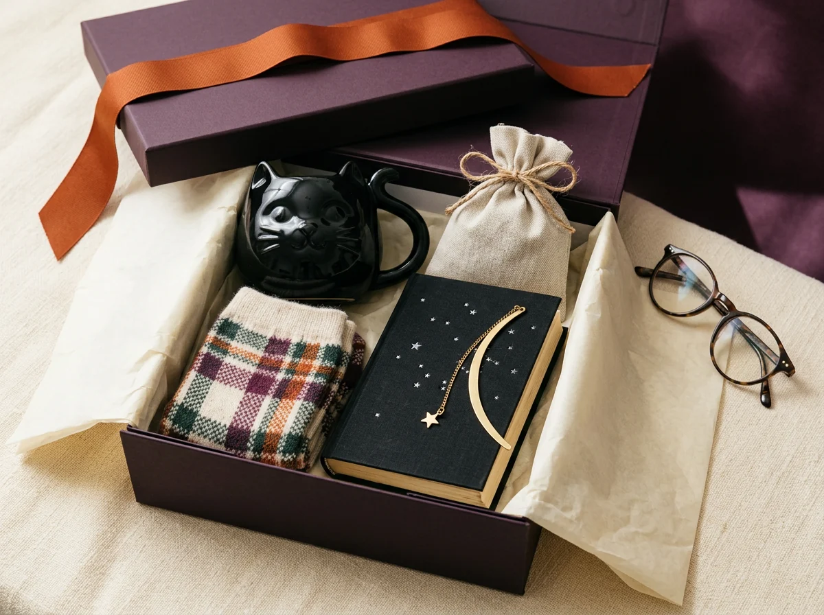 Open book-themed Halloween gift box with a black cat mug and moon bookmark