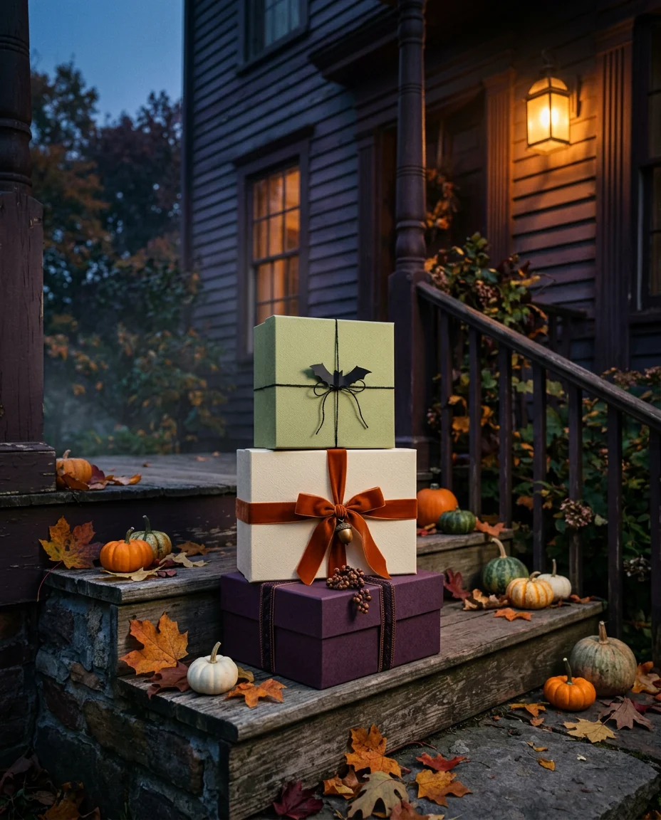 Three elegant Halloween gift boxes with pumpkins on a porch at dusk